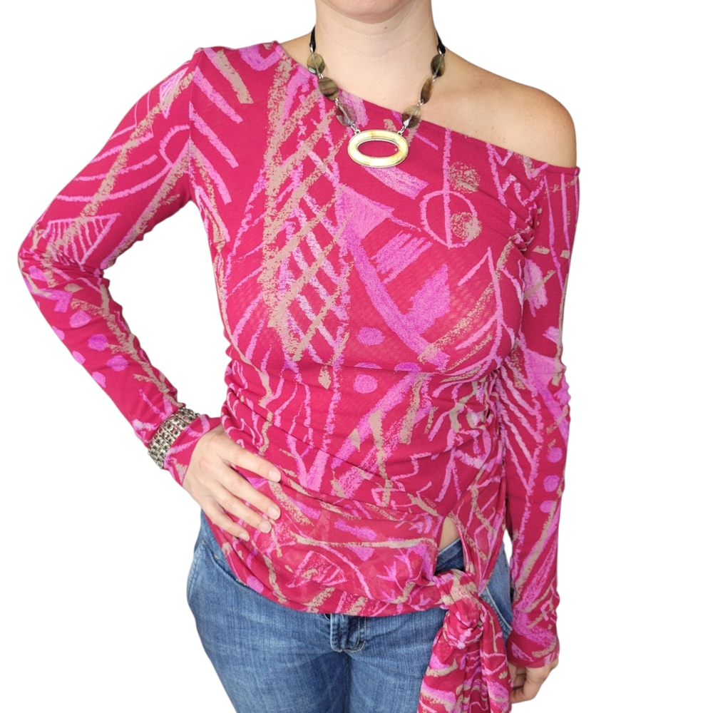 Fuzzi Jean Paul Gaultier Long Sleeve Pink Print Mesh Off Shoulder Top Sz Small
